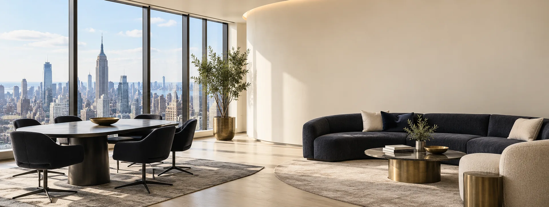 A bright meeting room and lounge overlooking Manhattan