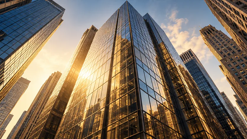 Glass office towers catching the evening light
