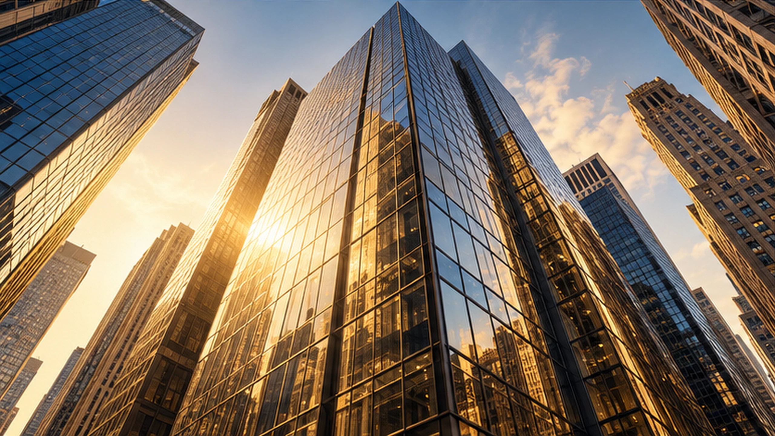 Glass office towers catching the evening light