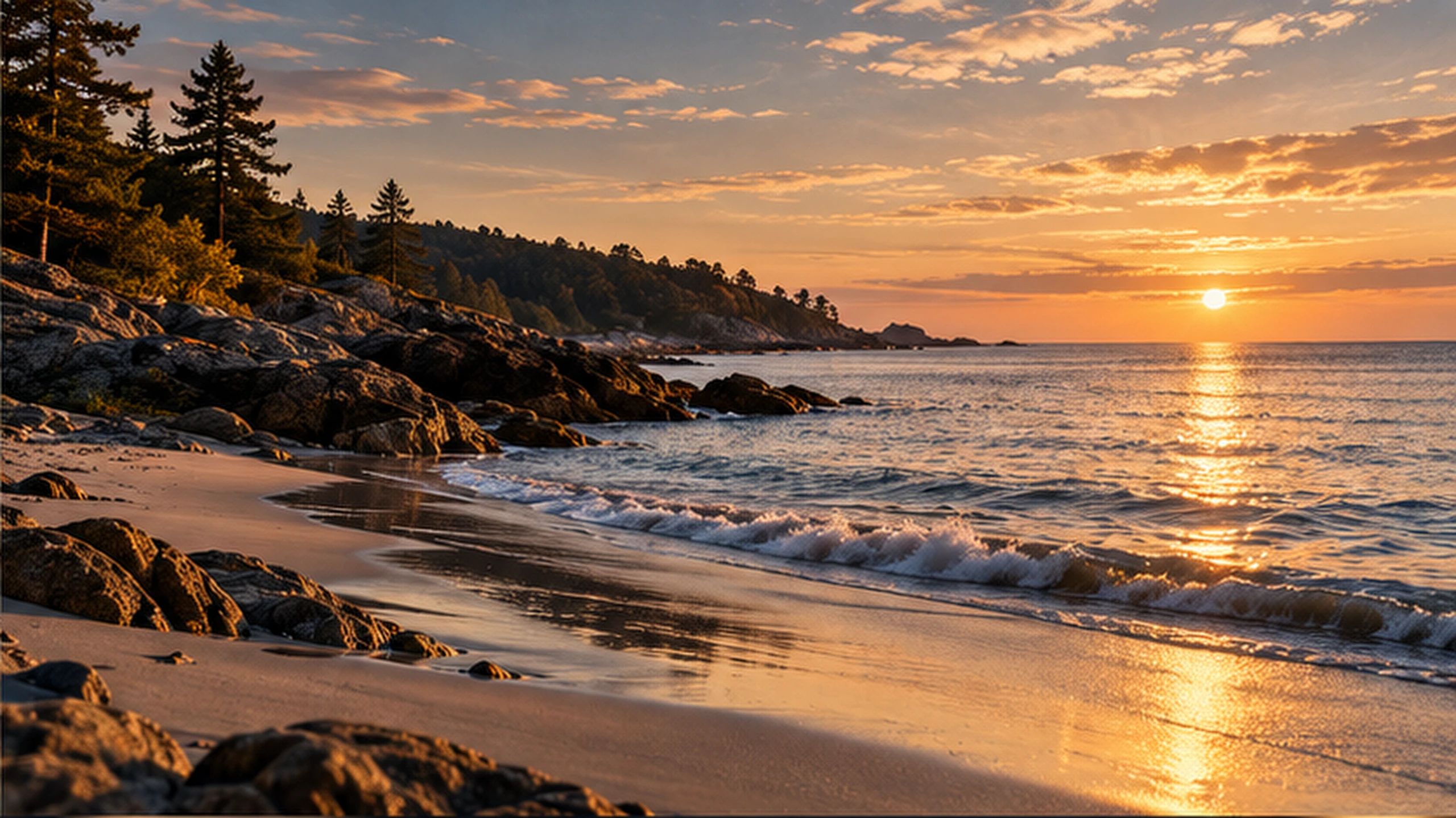 A rocky coastline at sunset
