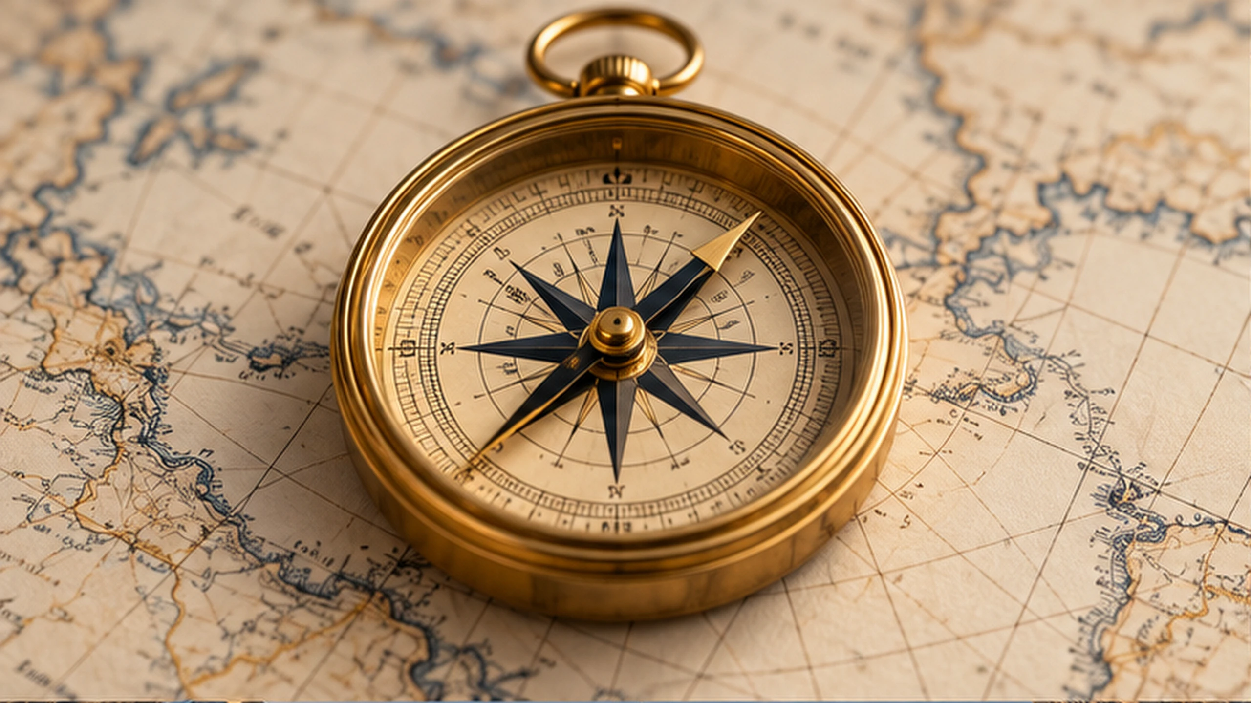 A brass compass resting on an antique map