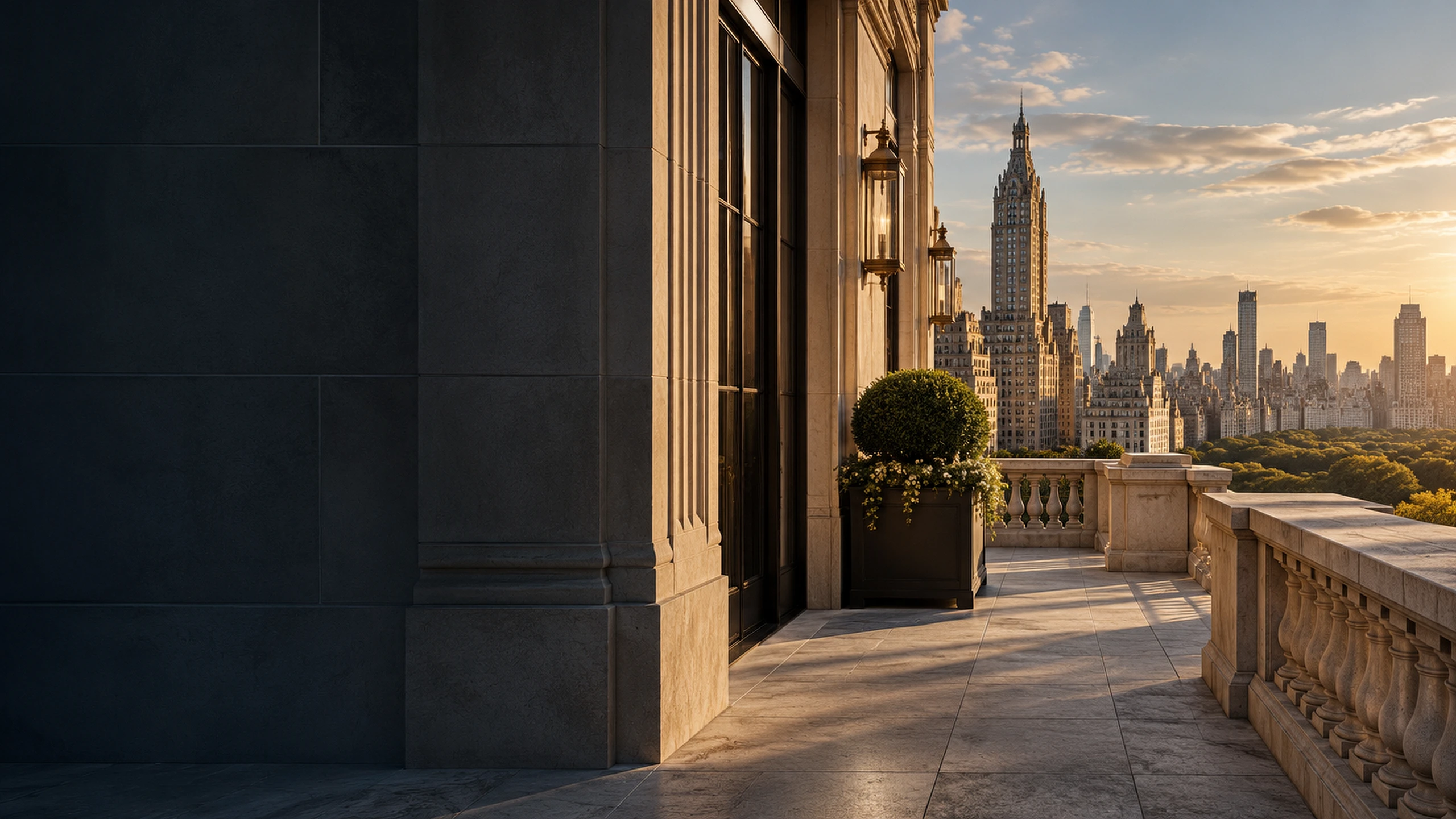 A limestone terrace overlooking the Manhattan skyline