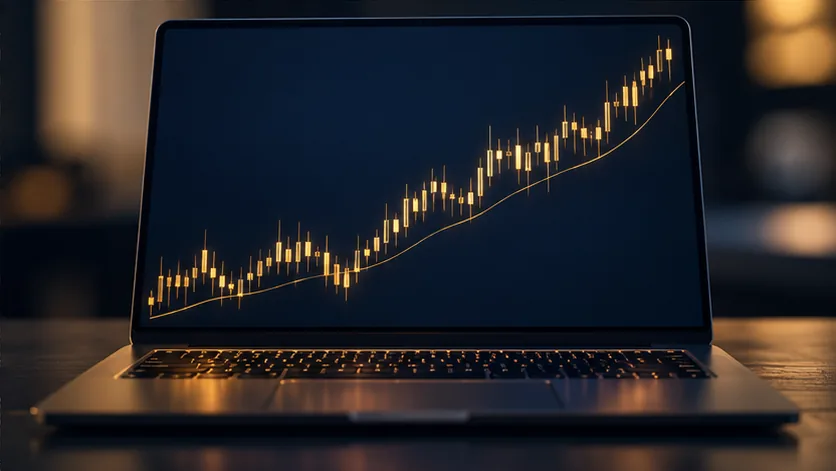 A laptop showing a long-term market chart