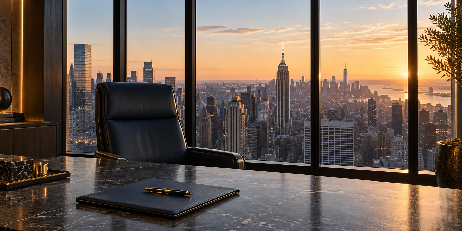 A quiet advisory office overlooking the Manhattan skyline at dawn